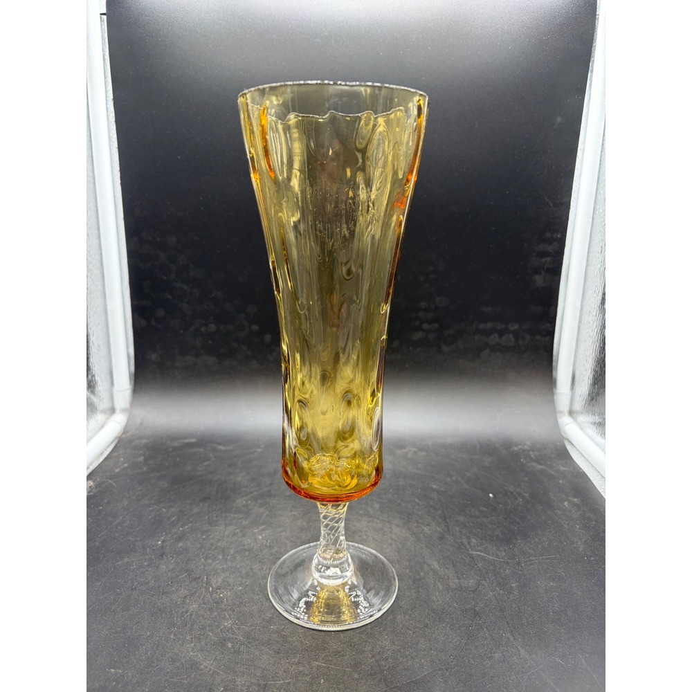 Vintage Amber Glass Thumbprint Vase Twisted Stem Mid Century Modern 10 Inch